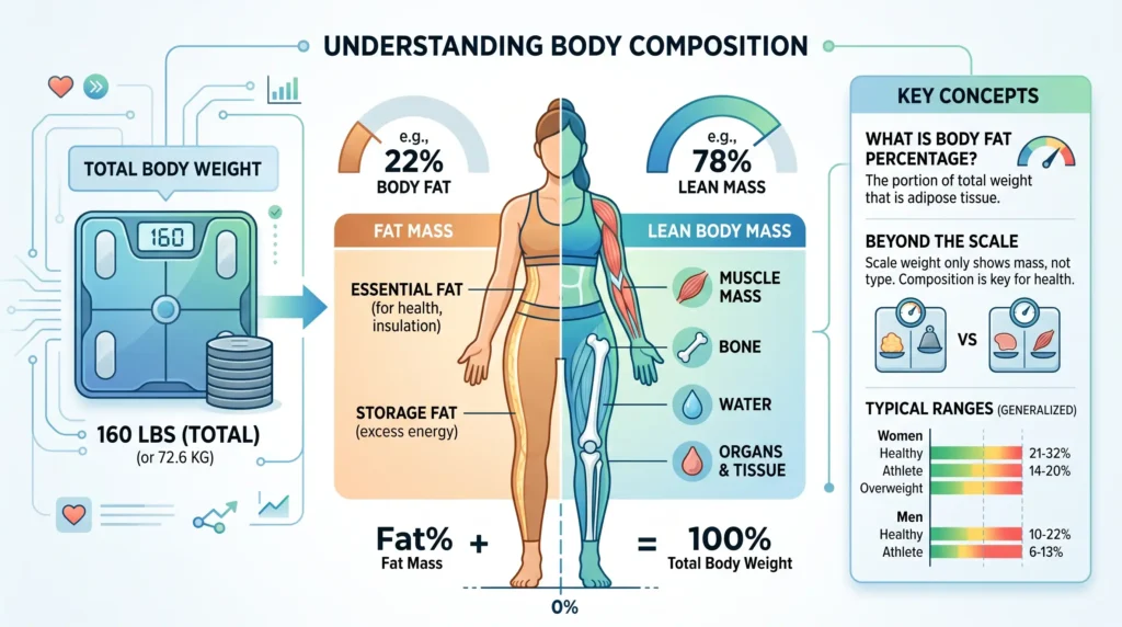 Body fat percentage infographic showing fat mass and lean body mass
