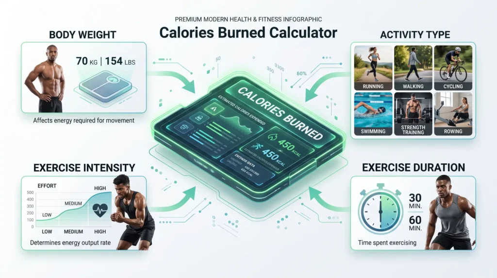Calories Burned Calculator showing factors that affect exercise calorie burn