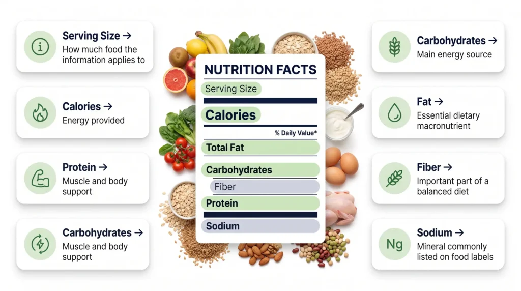 Nutrition Facts label showing calories protein carbohydrates fat fiber and serving size