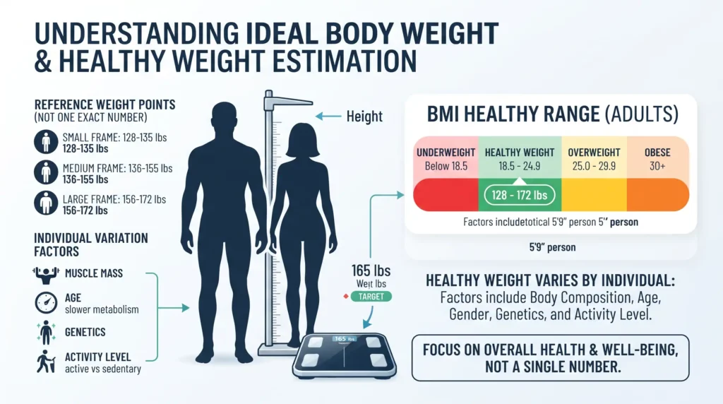 Ideal weight infographic showing healthy weight ranges based on height