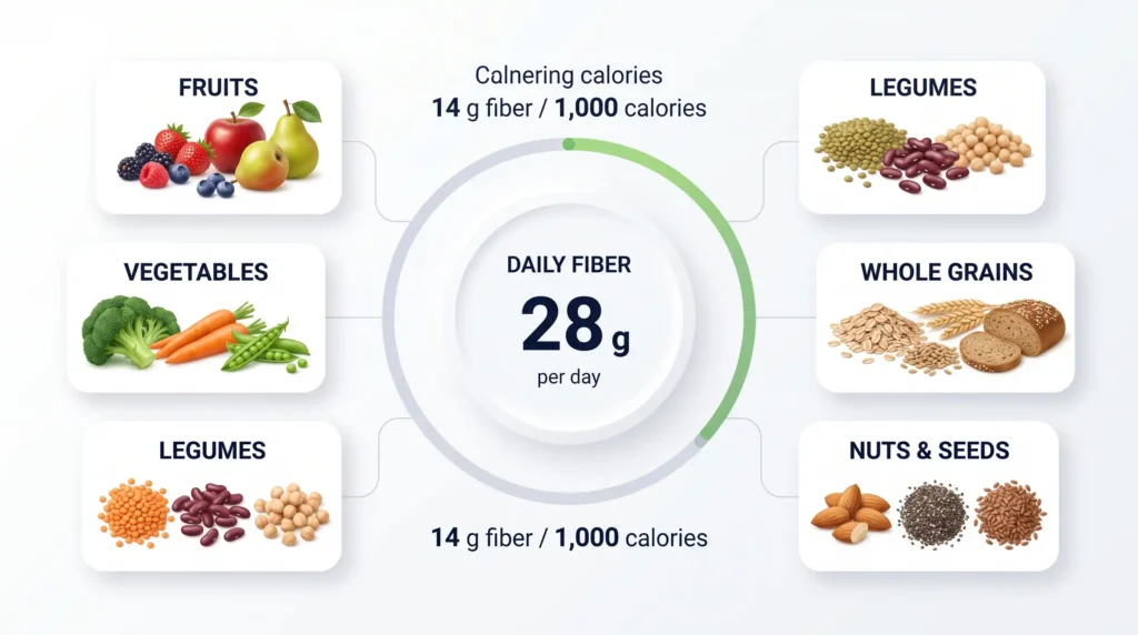 Daily fiber intake guide showing 28 grams of fiber and high fiber foods