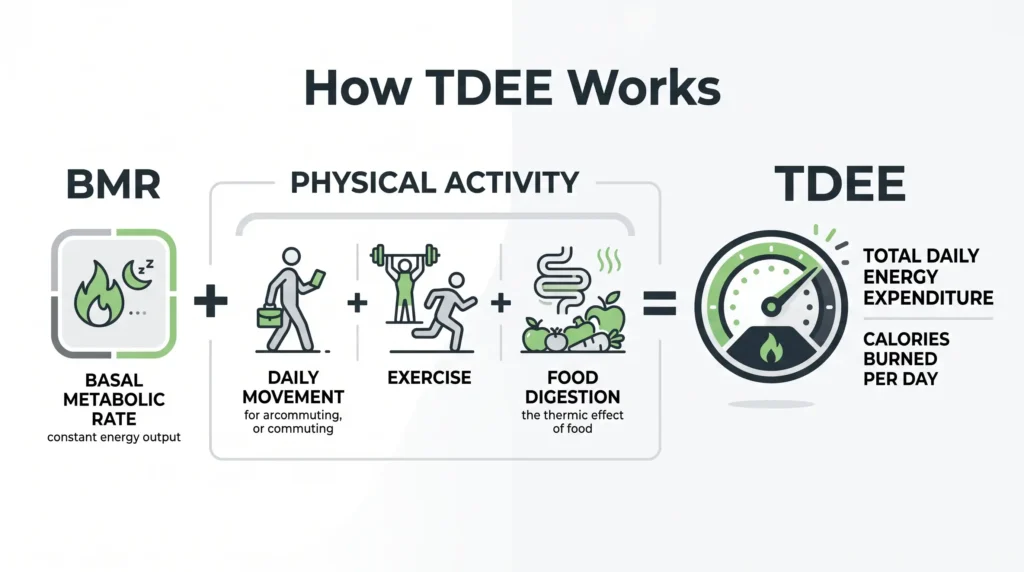 TDEE calculation showing BMR, activity, and daily calorie expenditure