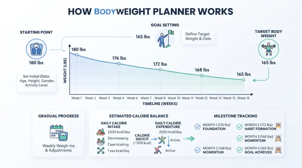 Body weight planner showing target weight, timeline, and progress