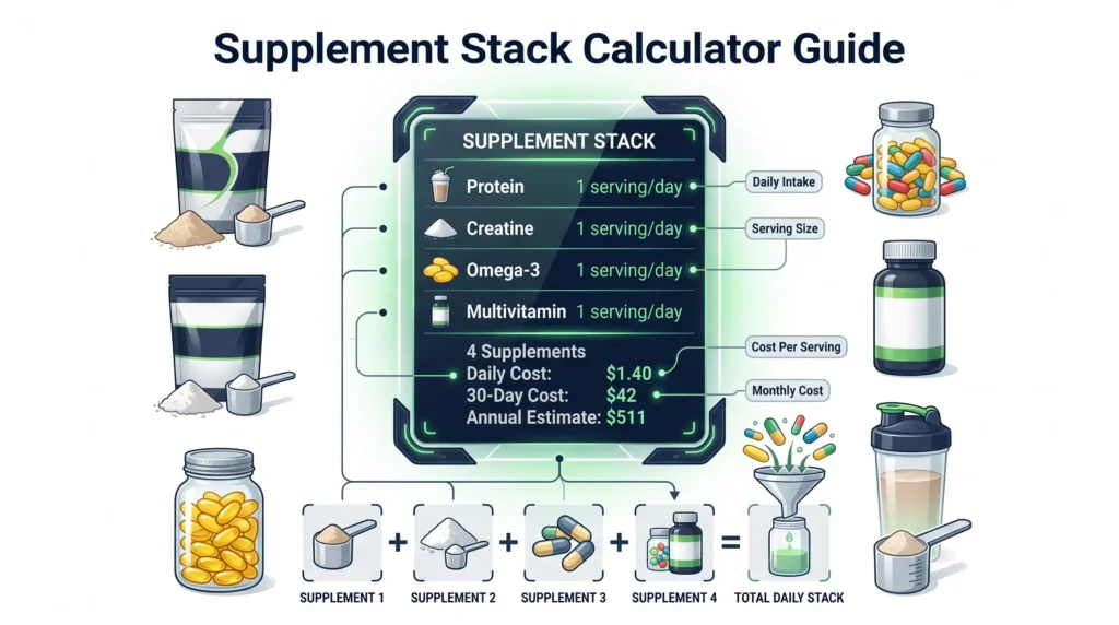 Supplement Stack Calculator showing supplements and total daily stack cost