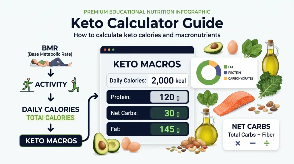Keto macro calculator infographic showing calories protein carbs and fat