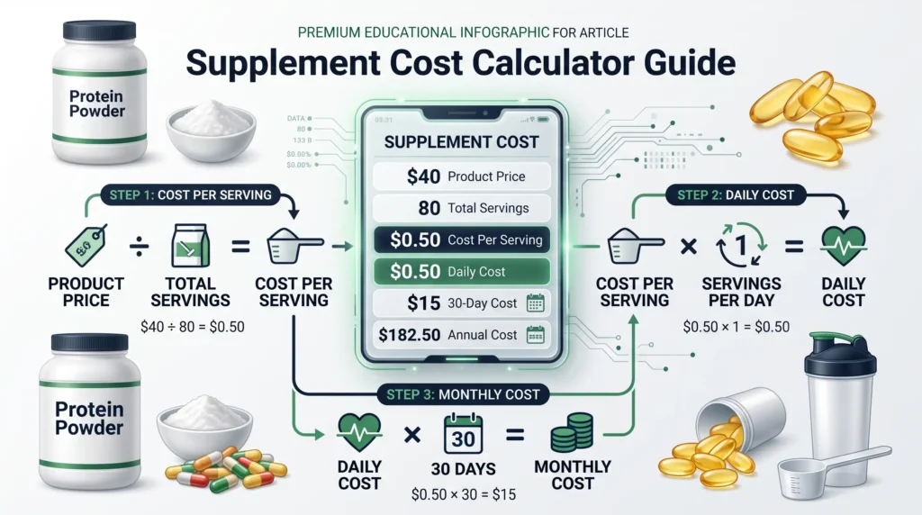 Supplement cost calculator showing cost per serving monthly and annual expenses