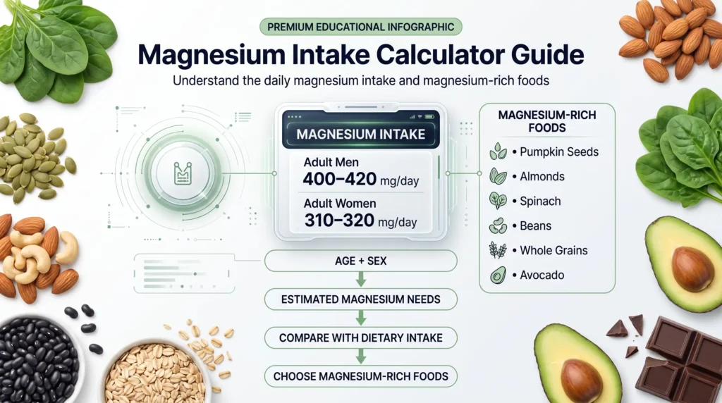 Magnesium Intake Calculator showing daily magnesium needs and rich food sources