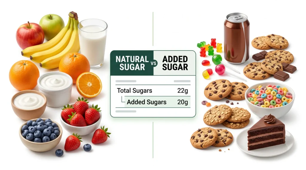 Comparison of natural sugar in fruit and added sugar in processed foods