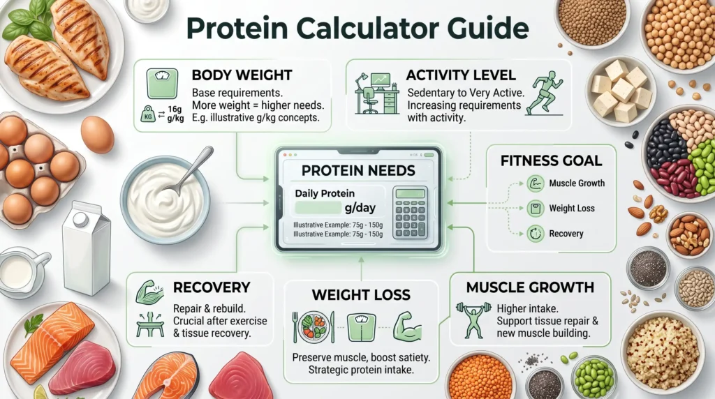 Protein Calculator guide showing daily protein needs and protein rich foods