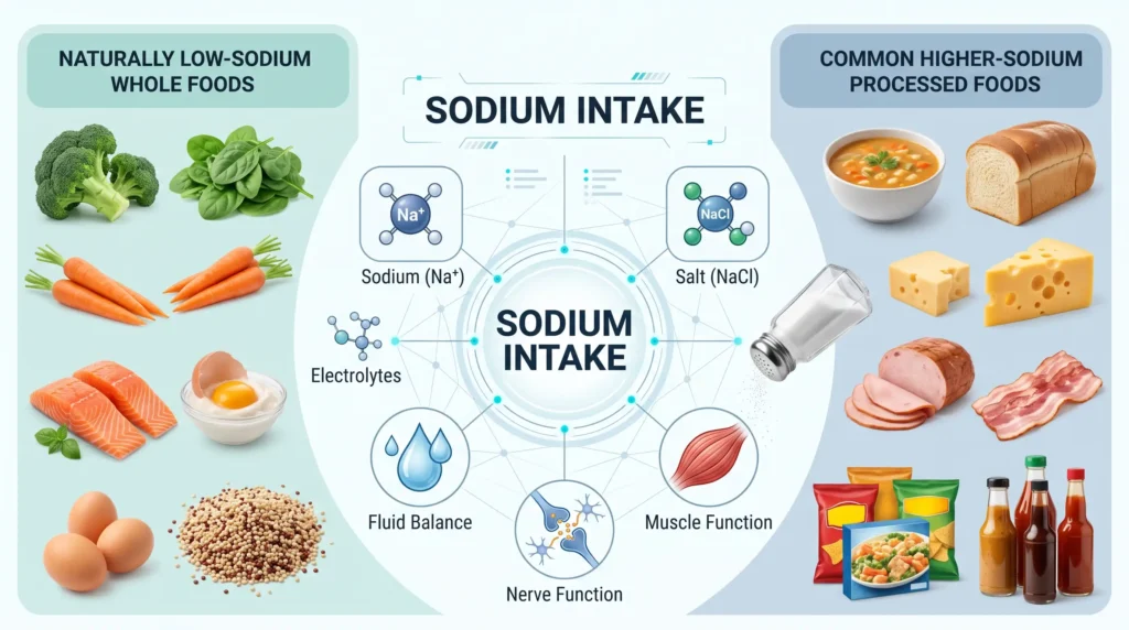 Sodium intake guide showing salt electrolytes and common sodium foods