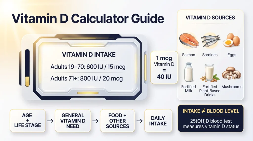 Vitamin D Calculator showing daily vitamin D intake and food sources