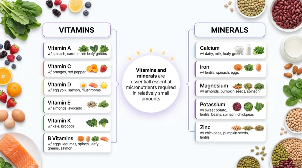 Vitamins and minerals found in nutrient-rich foods