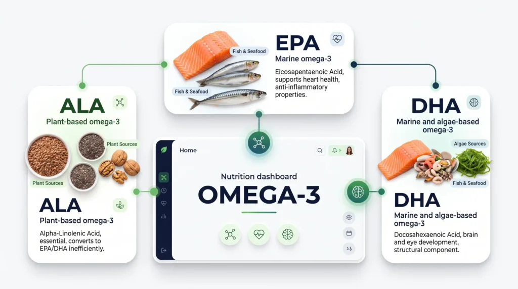 ALA EPA and DHA omega-3 sources from fish seeds and algae