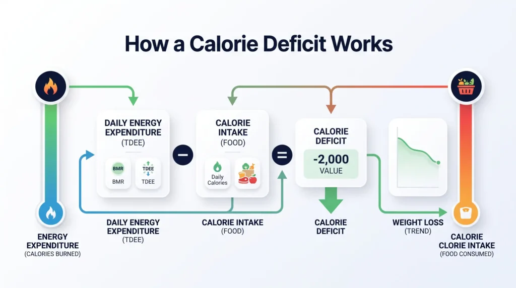 How a calorie deficit works by comparing calorie intake and energy expenditure