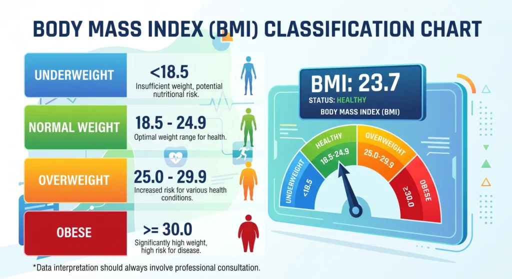 Official World Health Organization BMI categories chart showing adult weight status ranges