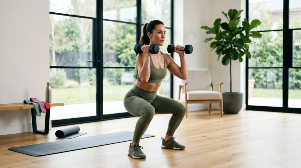 Woman doing a full-body dumbbell workout at home