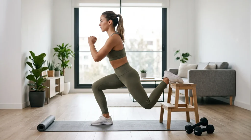 Women Fitness Aesthetic performing Bulgarian split squats at home