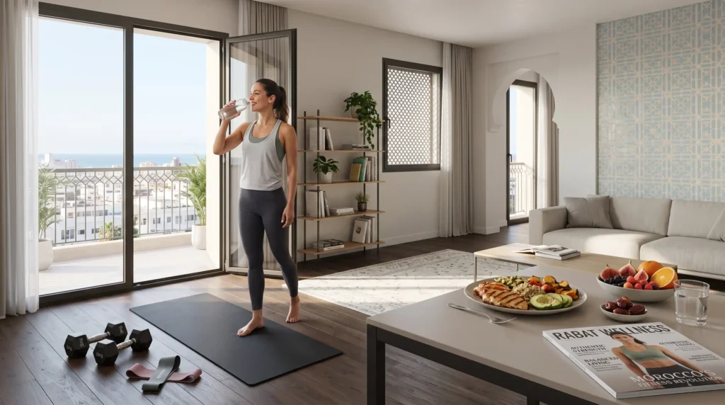 Fit woman relaxing after a home workout with healthy food