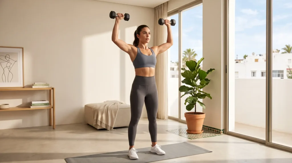 Woman performing dumbbell shoulder presses at home