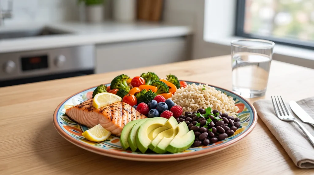 Balanced meal with protein fiber vegetables and healthy fats