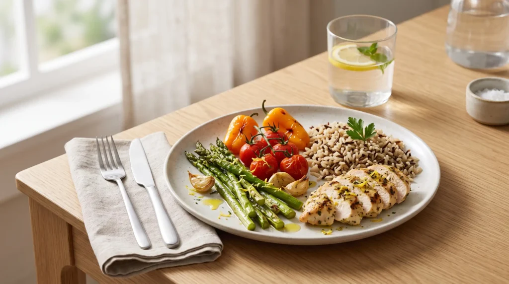 A realistic health and nutrition image showing a balanced meal with lean protein, vegetables, whole grains, fruit, and healthy fats, representing nutritious food choices that can support healthy weight management.