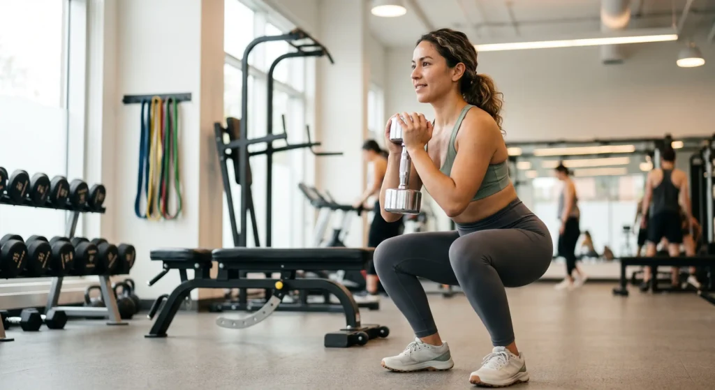 Beginner woman performing a dumbbell strength training workout
