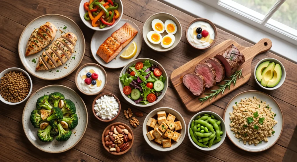 High-protein foods including chicken salmon eggs Greek yogurt tofu and lentils