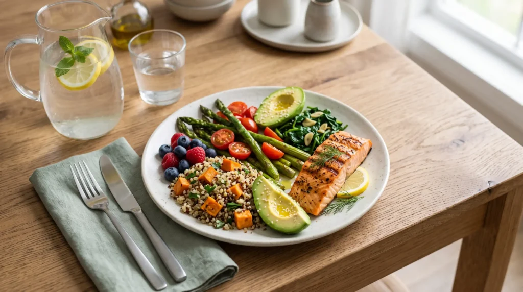 Balanced nutritious meal showing protein vegetables whole grains and healthy fats