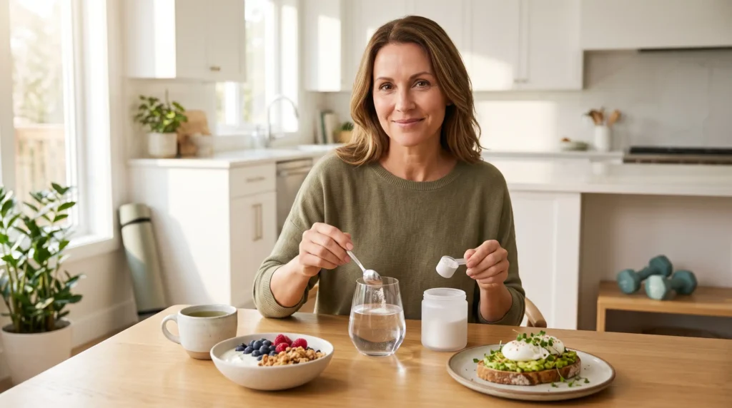 Woman taking daily creatine supplement with water