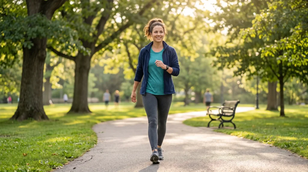 Adult walking outdoors for physical activity and weight management