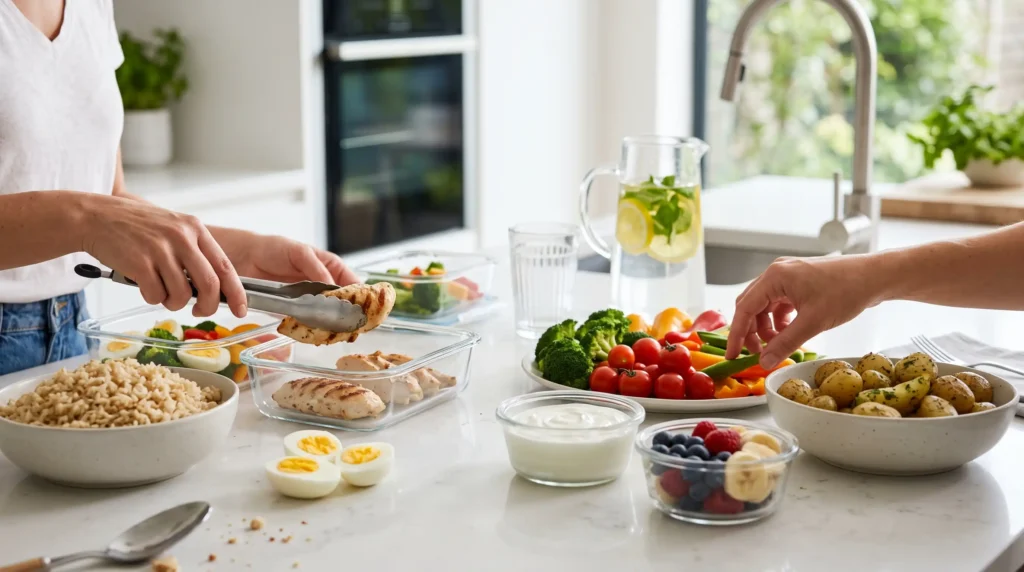 Healthy meal preparation with protein vegetables fruit and whole grains