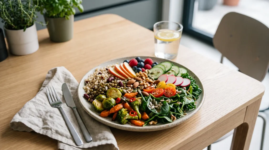 Balanced high-fiber meal with vegetables legumes whole grains and fruit