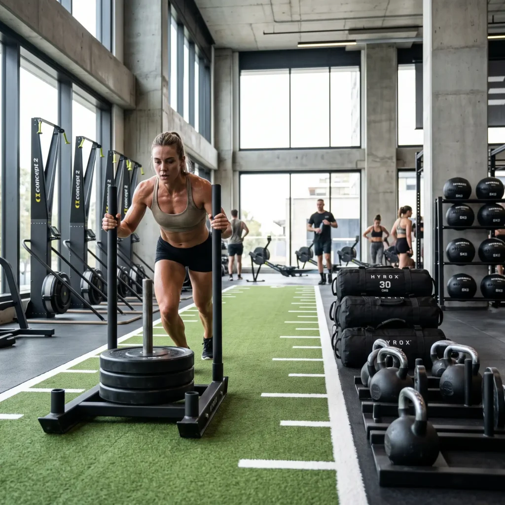 HYROX functional fitness exercises including sled push rowing and wall balls