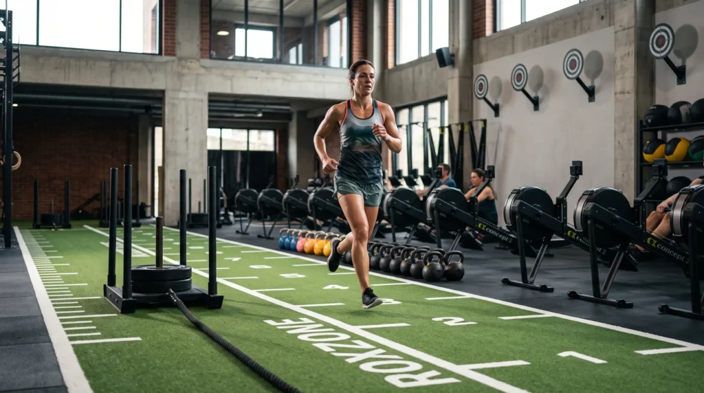 Athlete combining running and functional training for HYROX preparation