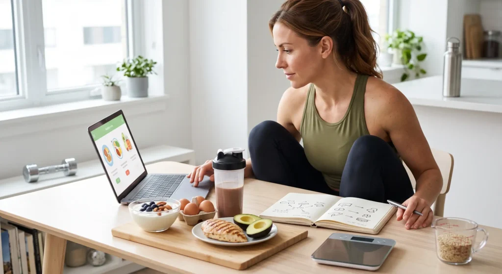 Woman calculating daily protein intake for muscle growth