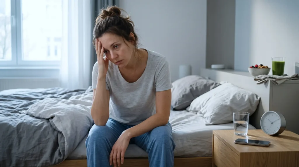 Tired adult experiencing poor sleep and stress during weight loss
