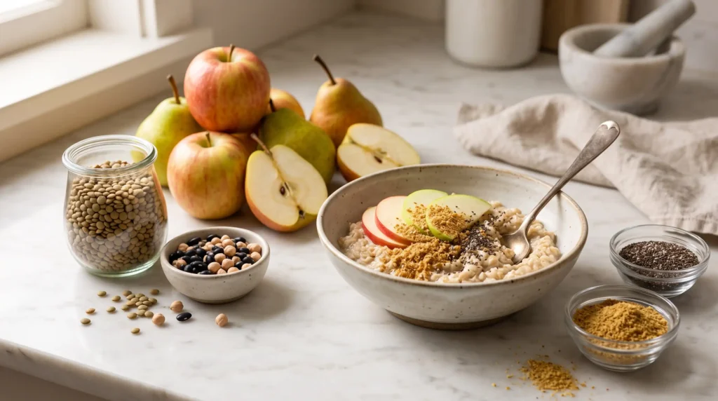 Foods rich in soluble fiber including oats fruit and chia seeds