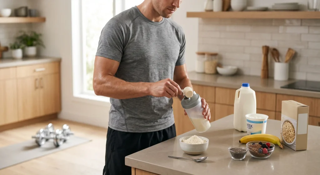 Athlete preparing a whey protein shake after resistance training