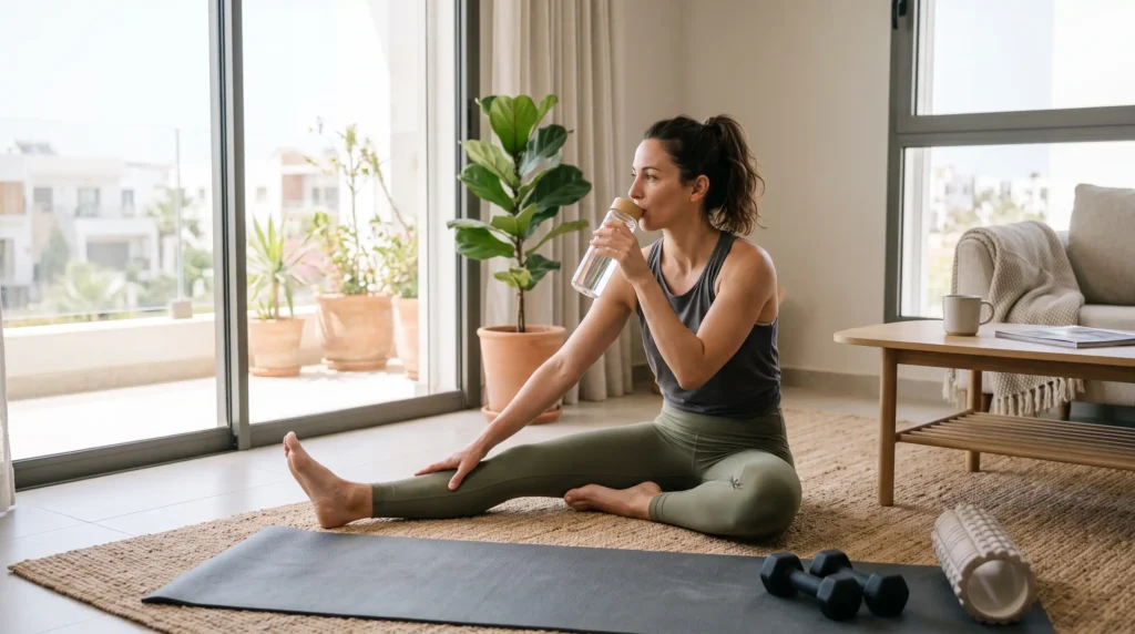 Woman recovering after a fitness workout at home