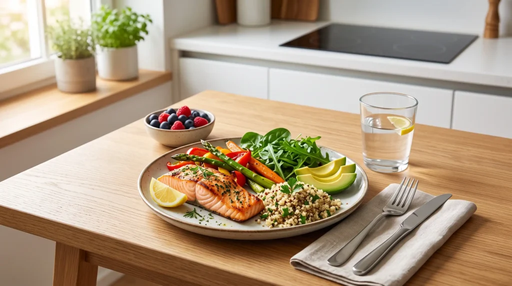 Balanced healthy meal with vegetables whole grains and protein