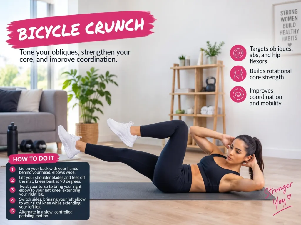 Woman performing bicycle crunches to strengthen her core and obliques