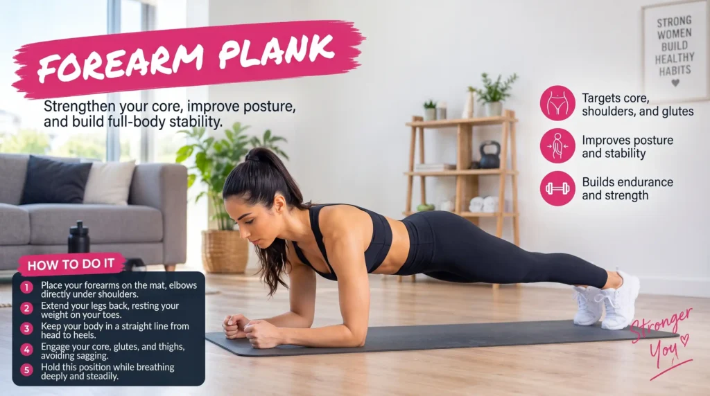 Woman performing a forearm plank to strengthen her core