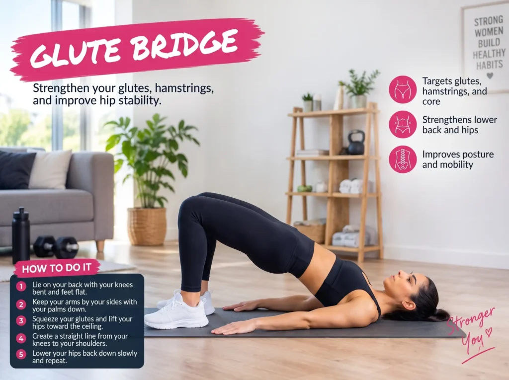 Woman performing a glute bridge exercise for stronger hips and glutes