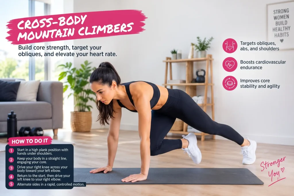 Woman performing cross-body mountain climbers for core strength