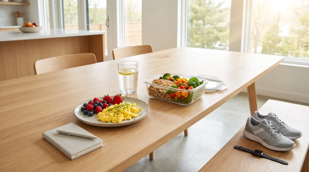 Healthy daily routine with nutritious food exercise and hydration