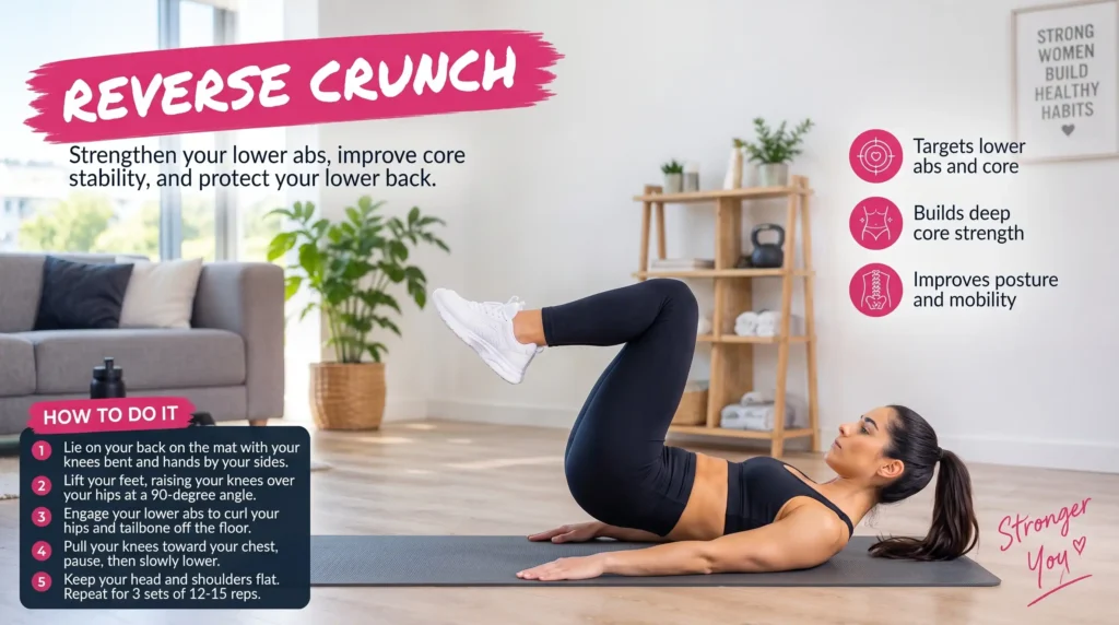Woman performing a reverse crunch exercise for core strength