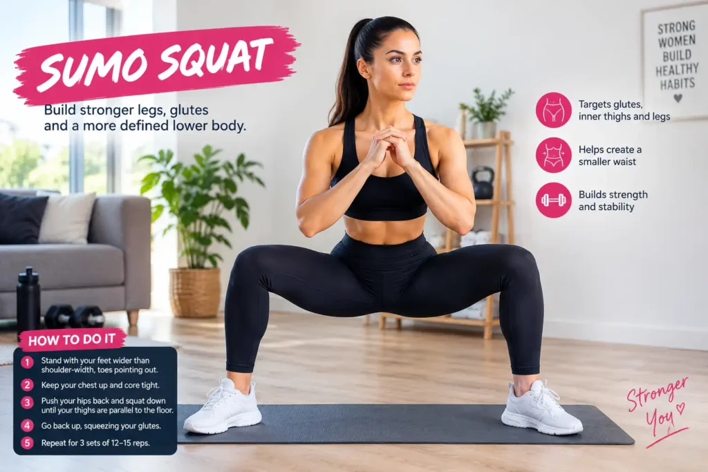 Woman performing a sumo squat for stronger glutes and curvy hips