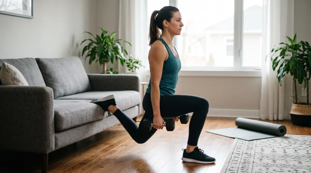 Woman doing Bulgarian split squats using a couch and dumbbells at home to tone glutes and reduce cellulite on thighs