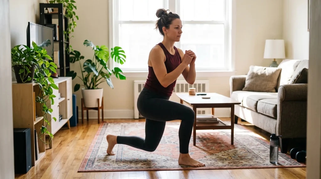 Woman performing curtsy lunges in a living room to tone outer thighs, side glutes, and reduce saddlebag cellulite