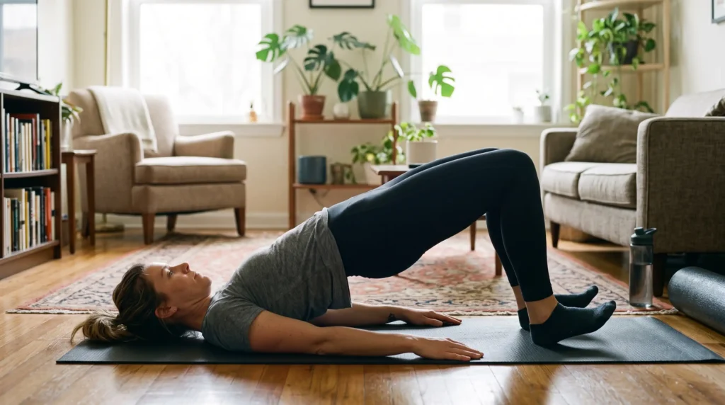 Woman doing floor hamstring walkouts in a bridge position on a mat to tighten the back of thighs at home